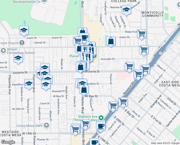 map of restaurants, bars, coffee shops, grocery stores, and more near 2145 Parsons Street in Costa Mesa