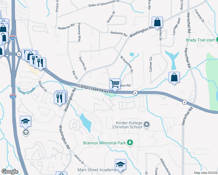 map of restaurants, bars, coffee shops, grocery stores, and more near 2888 Revere Court in East Point