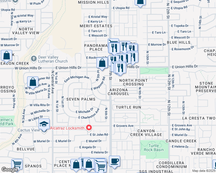 map of restaurants, bars, coffee shops, grocery stores, and more near 18238 North 6th Street in Phoenix