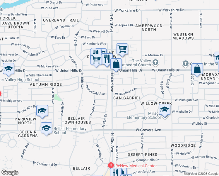 map of restaurants, bars, coffee shops, grocery stores, and more near 18243 North 43rd Drive in Glendale