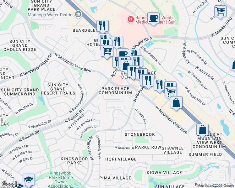 map of restaurants, bars, coffee shops, grocery stores, and more near 14575 West Mountain View Boulevard in Surprise