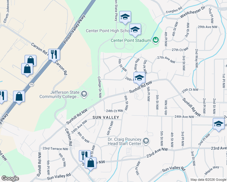 map of restaurants, bars, coffee shops, grocery stores, and more near 2524 6th Place Northwest in Center Point