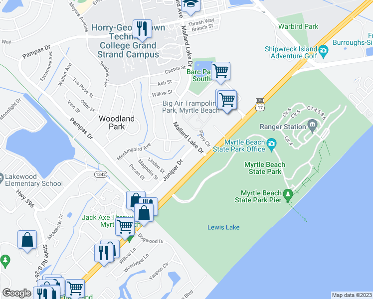 map of restaurants, bars, coffee shops, grocery stores, and more near 565 Juniper Drive in Myrtle Beach