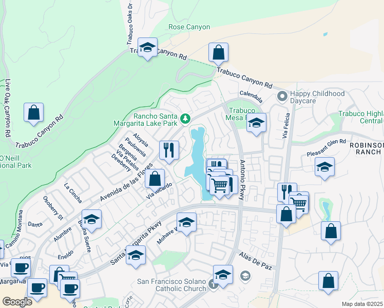 map of restaurants, bars, coffee shops, grocery stores, and more near 225 Montana Del Lago Drive in Rancho Santa Margarita