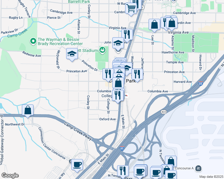map of restaurants, bars, coffee shops, grocery stores, and more near 3769 College Street in Atlanta