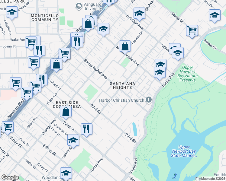 map of restaurants, bars, coffee shops, grocery stores, and more near 2385 Santa Ana Ave in Costa Mesa