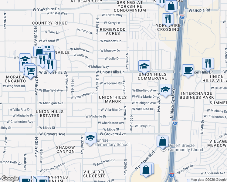map of restaurants, bars, coffee shops, grocery stores, and more near 2952 West Bluefield Avenue in Phoenix