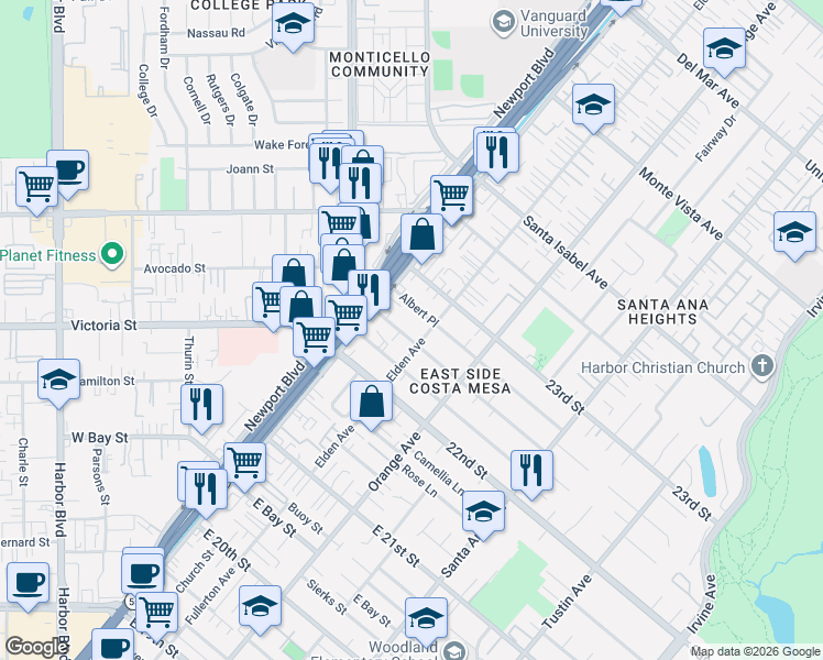 map of restaurants, bars, coffee shops, grocery stores, and more near 121 Cecil Place in Costa Mesa