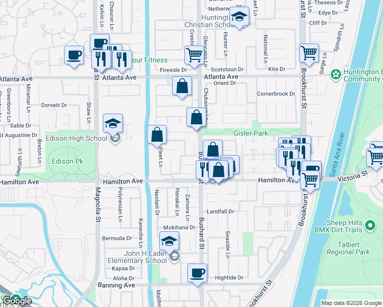map of restaurants, bars, coffee shops, grocery stores, and more near 21341 Bulkhead Circle in Huntington Beach