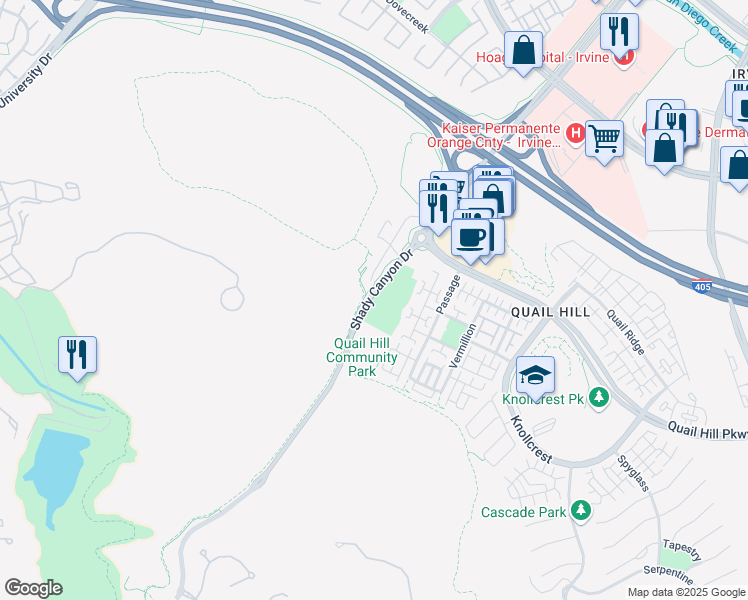 map of restaurants, bars, coffee shops, grocery stores, and more near 35 Shady Canyon Drive in Irvine