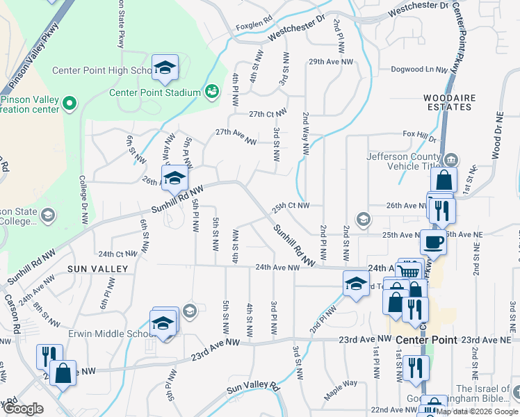 map of restaurants, bars, coffee shops, grocery stores, and more near 409 Sunhill Road Northwest in Center Point