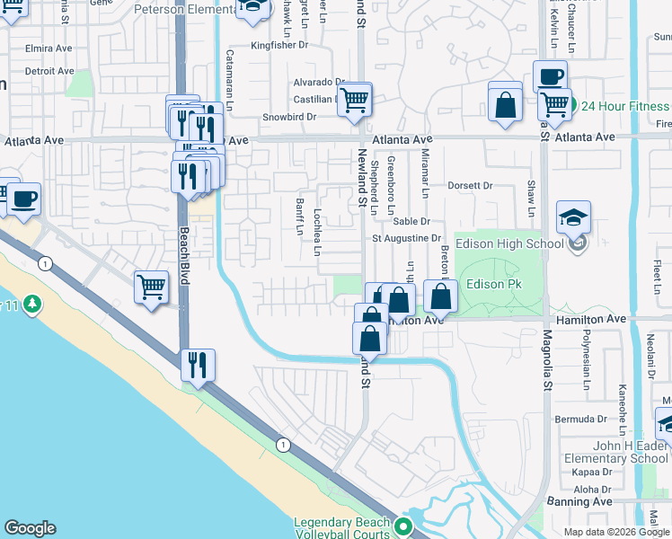 map of restaurants, bars, coffee shops, grocery stores, and more near 8411 Lomond Drive in Huntington Beach