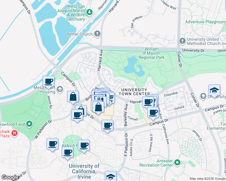 map of restaurants, bars, coffee shops, grocery stores, and more near 14 Scripps Aisle in Irvine