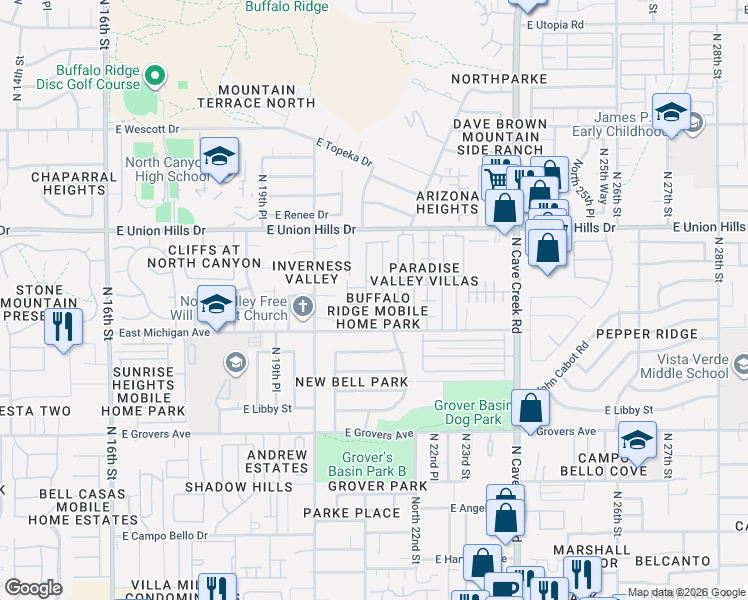 map of restaurants, bars, coffee shops, grocery stores, and more near 18250 North 21st Place in Phoenix