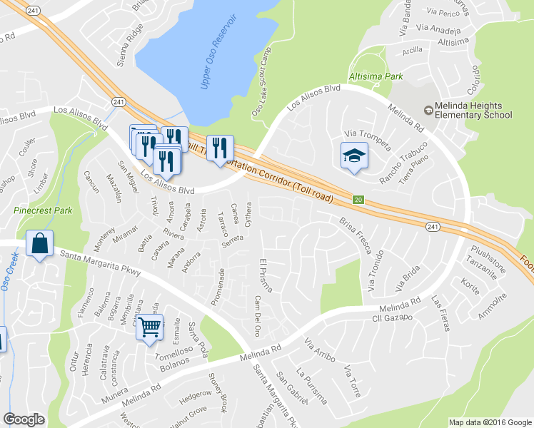 map of restaurants, bars, coffee shops, grocery stores, and more near 32 Calle Alamitos in Rancho Santa Margarita