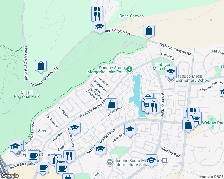 map of restaurants, bars, coffee shops, grocery stores, and more near 20 Heliopsis in Rancho Santa Margarita