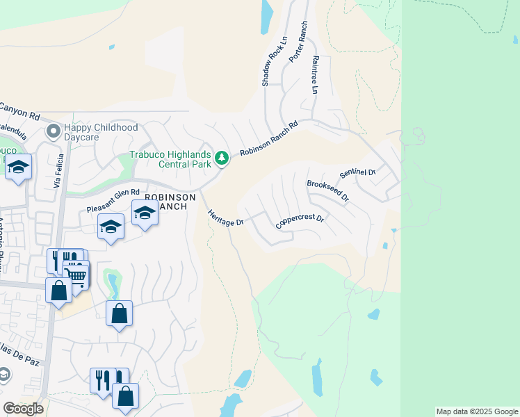 map of restaurants, bars, coffee shops, grocery stores, and more near 21351 Birdhollow Drive in Trabuco Canyon