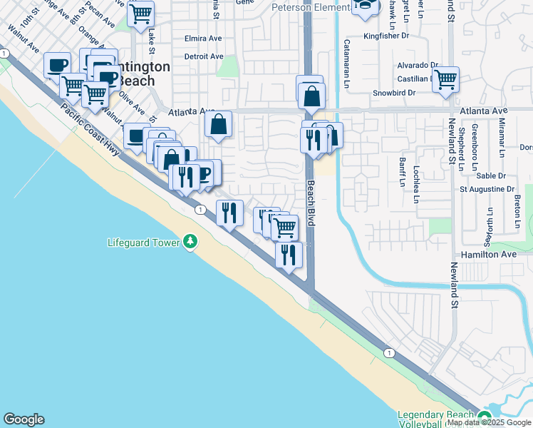map of restaurants, bars, coffee shops, grocery stores, and more near 21358 Cieza Circle in Huntington Beach