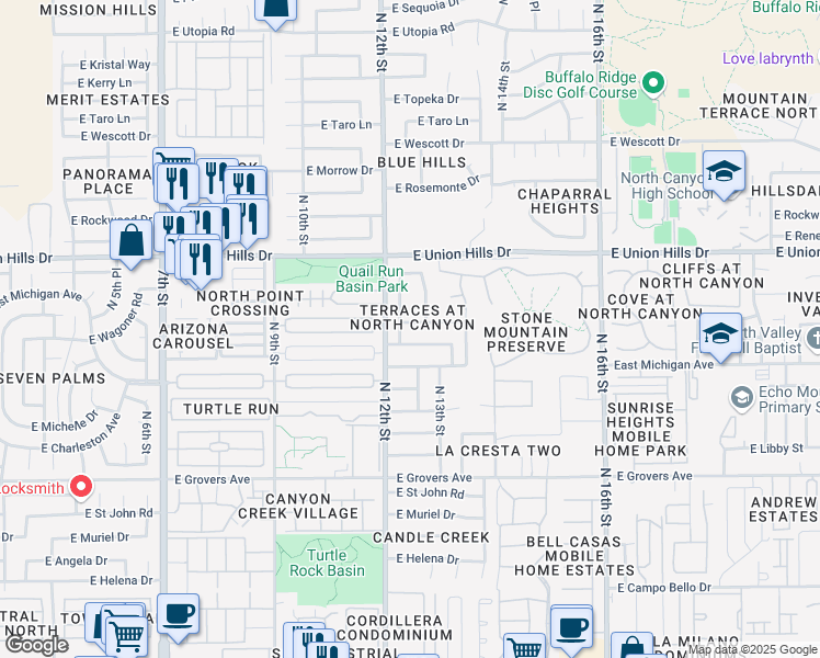 map of restaurants, bars, coffee shops, grocery stores, and more near 1223 East Bluefield Avenue in Phoenix