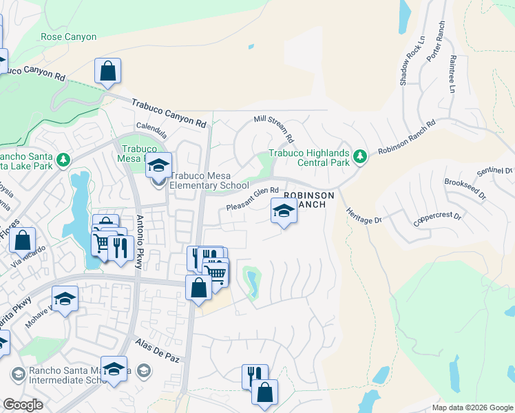 map of restaurants, bars, coffee shops, grocery stores, and more near 31991 Lazy Glen Lane in Trabuco Canyon