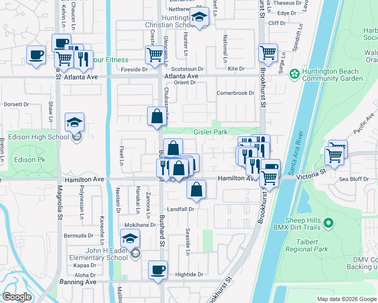map of restaurants, bars, coffee shops, grocery stores, and more near 9622 Indian Wells Circle in Huntington Beach