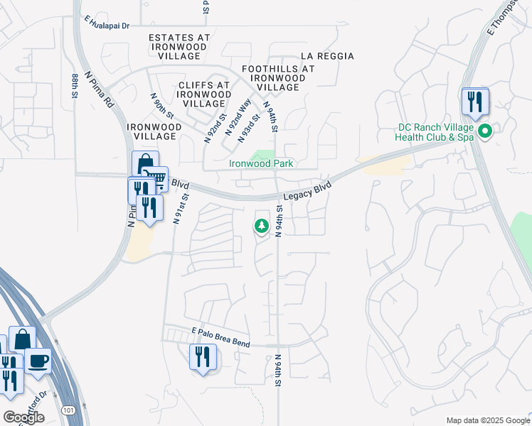map of restaurants, bars, coffee shops, grocery stores, and more near 18386 North 93rd Way in Scottsdale