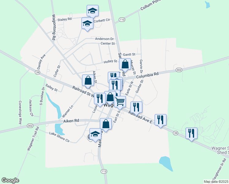 map of restaurants, bars, coffee shops, grocery stores, and more near in Wagener