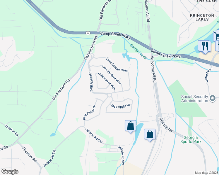 map of restaurants, bars, coffee shops, grocery stores, and more near 3834 Lake Haven Way in Atlanta