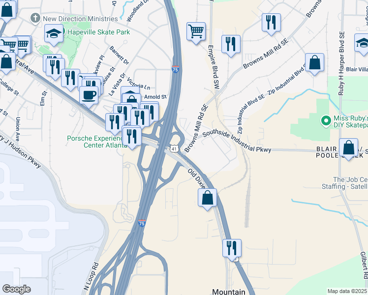 map of restaurants, bars, coffee shops, grocery stores, and more near 3750 Crown Road Southeast in Atlanta