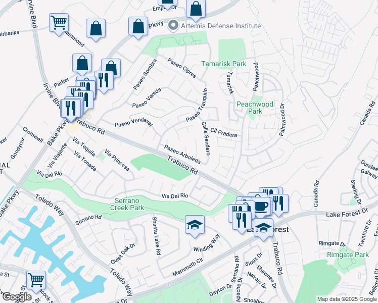 map of restaurants, bars, coffee shops, grocery stores, and more near 21372 Avenue Ambiente in Lake Forest