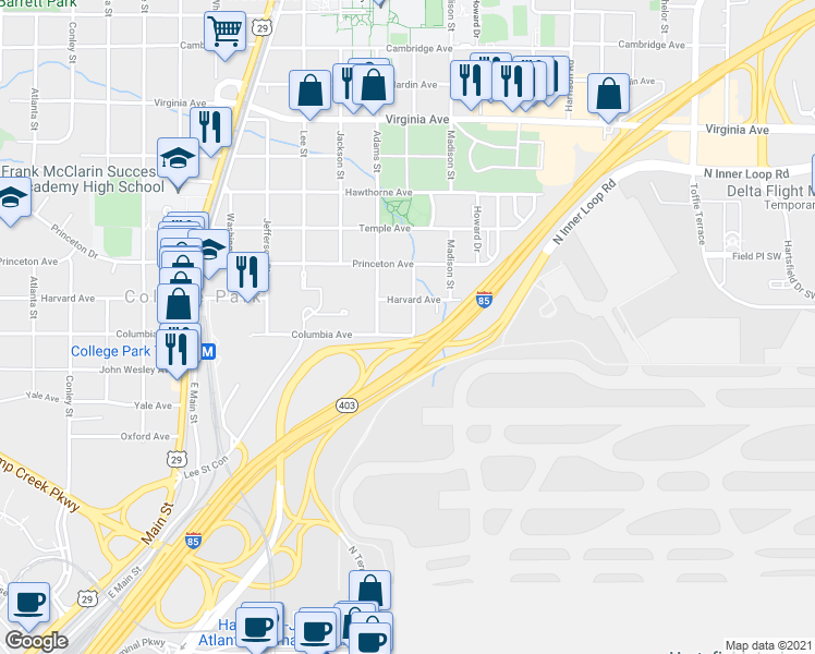 map of restaurants, bars, coffee shops, grocery stores, and more near 3759 Myrtle Street in Atlanta