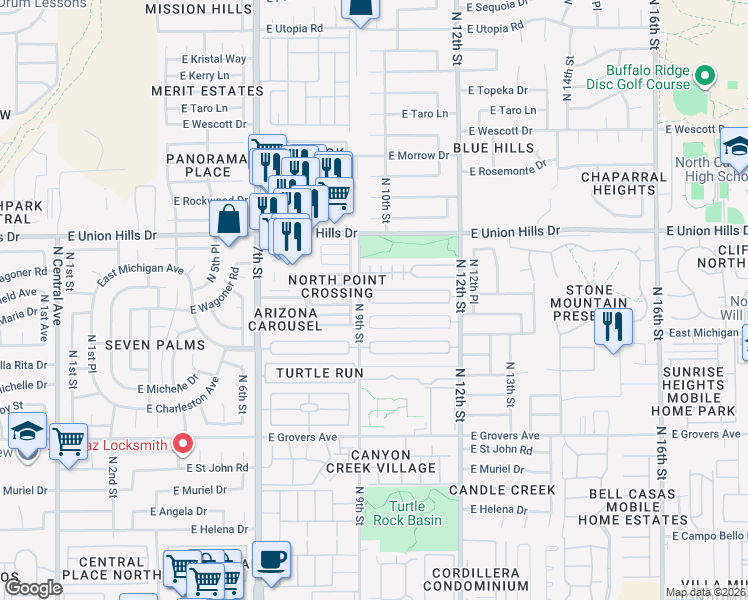 map of restaurants, bars, coffee shops, grocery stores, and more near 910 East Bluefield Avenue in Phoenix