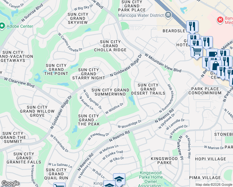 map of restaurants, bars, coffee shops, grocery stores, and more near 15141 West Waterford Drive in Surprise