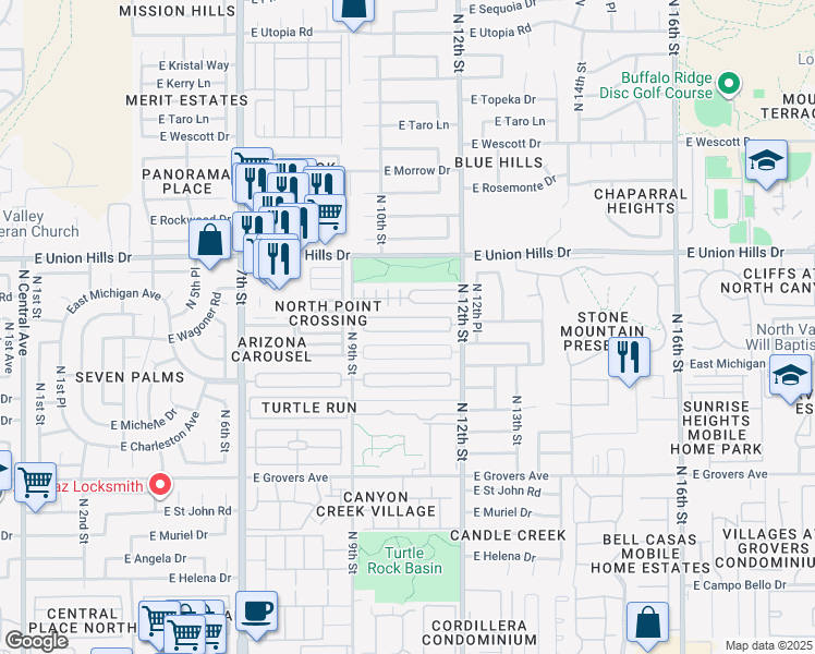 map of restaurants, bars, coffee shops, grocery stores, and more near 1018 East Bluefield Avenue in Phoenix