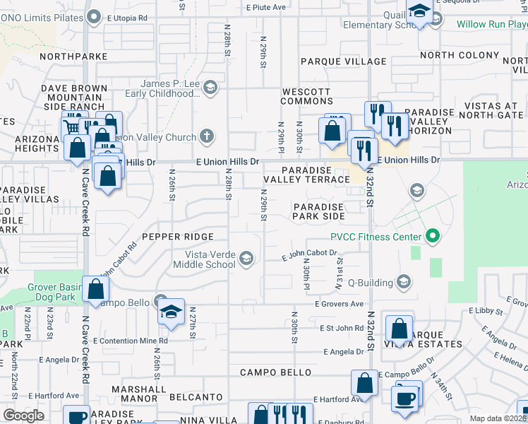 map of restaurants, bars, coffee shops, grocery stores, and more near 2855 North 29th Street in Phoenix