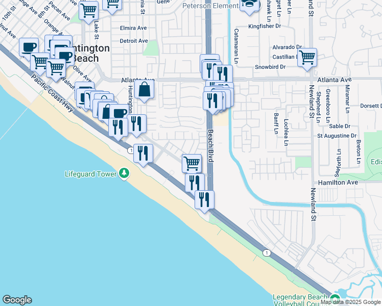 map of restaurants, bars, coffee shops, grocery stores, and more near 21355 Andalucia Lane in Huntington Beach