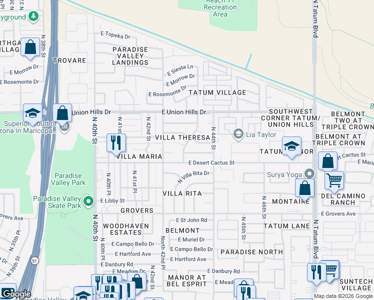 map of restaurants, bars, coffee shops, grocery stores, and more near 4322 East Villa Maria Drive in Phoenix