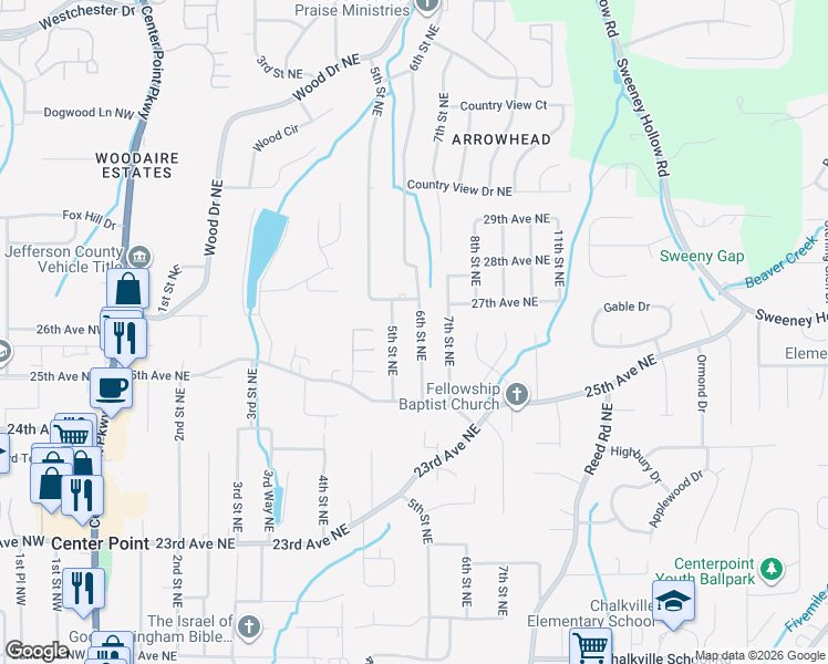 map of restaurants, bars, coffee shops, grocery stores, and more near 2528 6th Street Northeast in Center Point