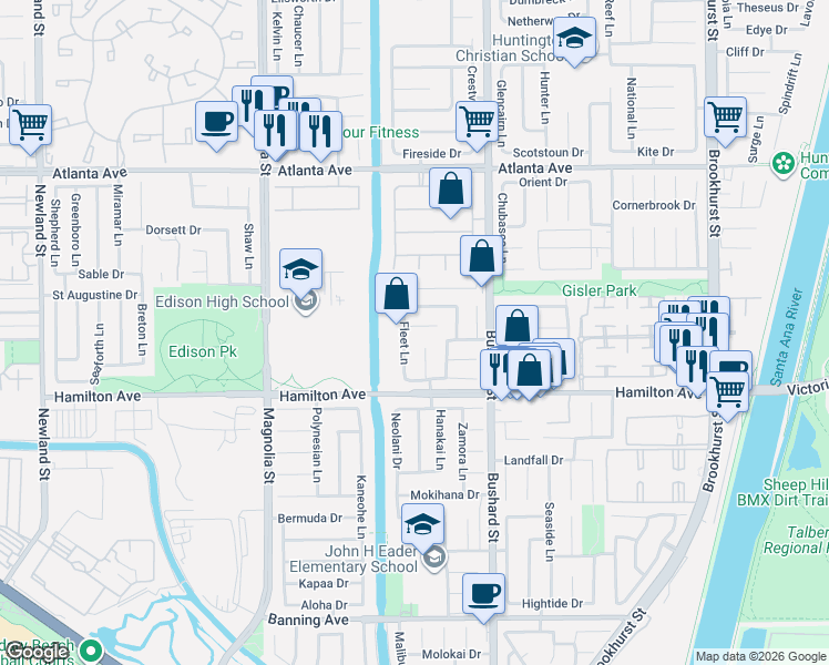 map of restaurants, bars, coffee shops, grocery stores, and more near 9356 Tidewater Circle in Huntington Beach