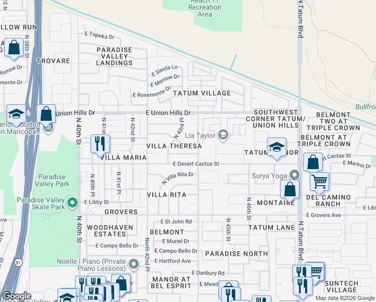 map of restaurants, bars, coffee shops, grocery stores, and more near 4358 E Villa Maria Dr in Phoenix