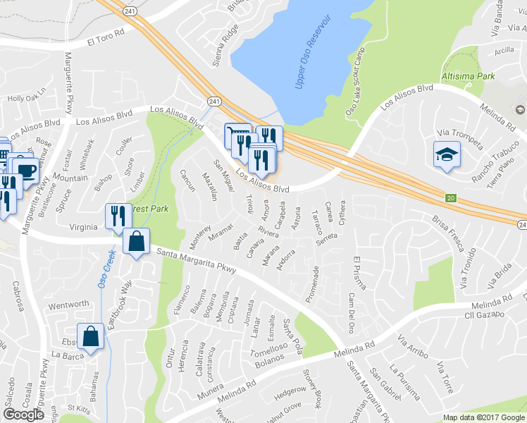 map of restaurants, bars, coffee shops, grocery stores, and more near 21345 Amora in Mission Viejo
