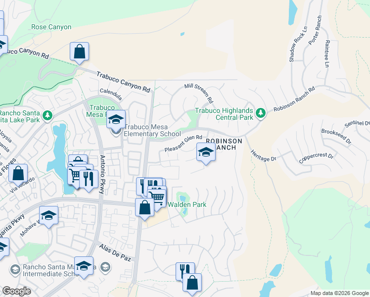 map of restaurants, bars, coffee shops, grocery stores, and more near 31991 Lazy Glen Lane in Trabuco Canyon