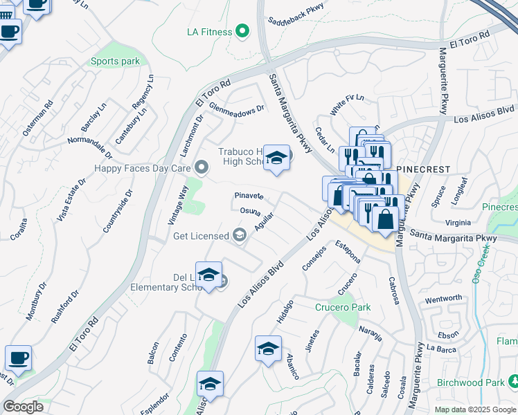map of restaurants, bars, coffee shops, grocery stores, and more near 27385 Osuna in Mission Viejo