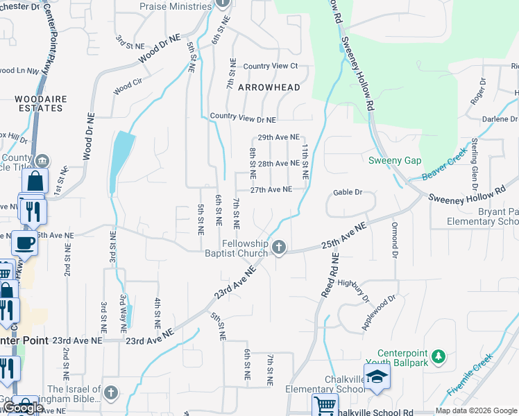 map of restaurants, bars, coffee shops, grocery stores, and more near 5111 Cantebury Court in Center Point