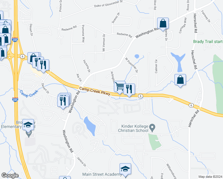 map of restaurants, bars, coffee shops, grocery stores, and more near 2896 Revere Court in East Point