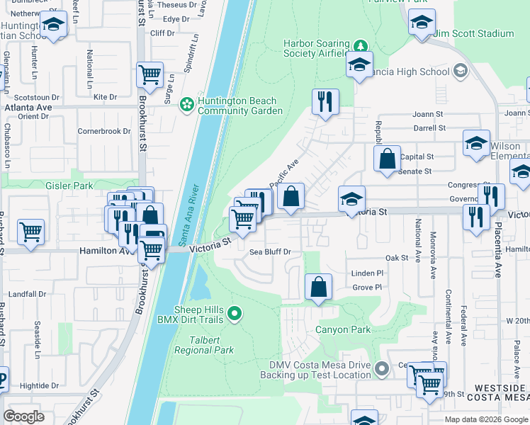 map of restaurants, bars, coffee shops, grocery stores, and more near 1132 Victoria Street in Costa Mesa