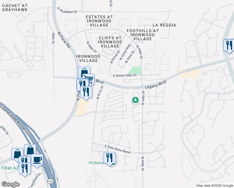 map of restaurants, bars, coffee shops, grocery stores, and more near 9285 East Western Saddle Way in Scottsdale