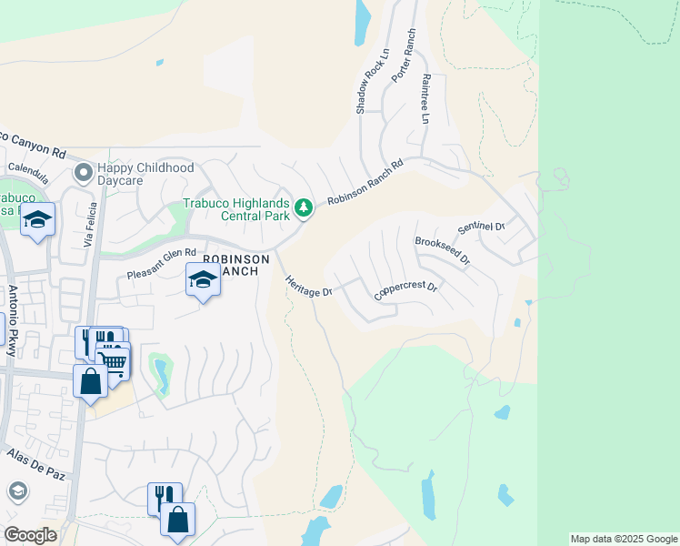map of restaurants, bars, coffee shops, grocery stores, and more near 21352 Silvertree Lane in Trabuco Canyon