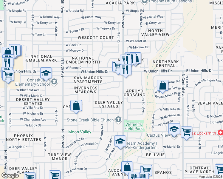 map of restaurants, bars, coffee shops, grocery stores, and more near 809 West Bluefield Avenue in Phoenix