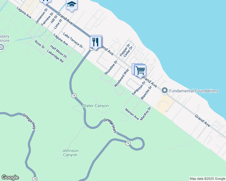 map of restaurants, bars, coffee shops, grocery stores, and more near 15161 Lighthouse Lane in Lake Elsinore
